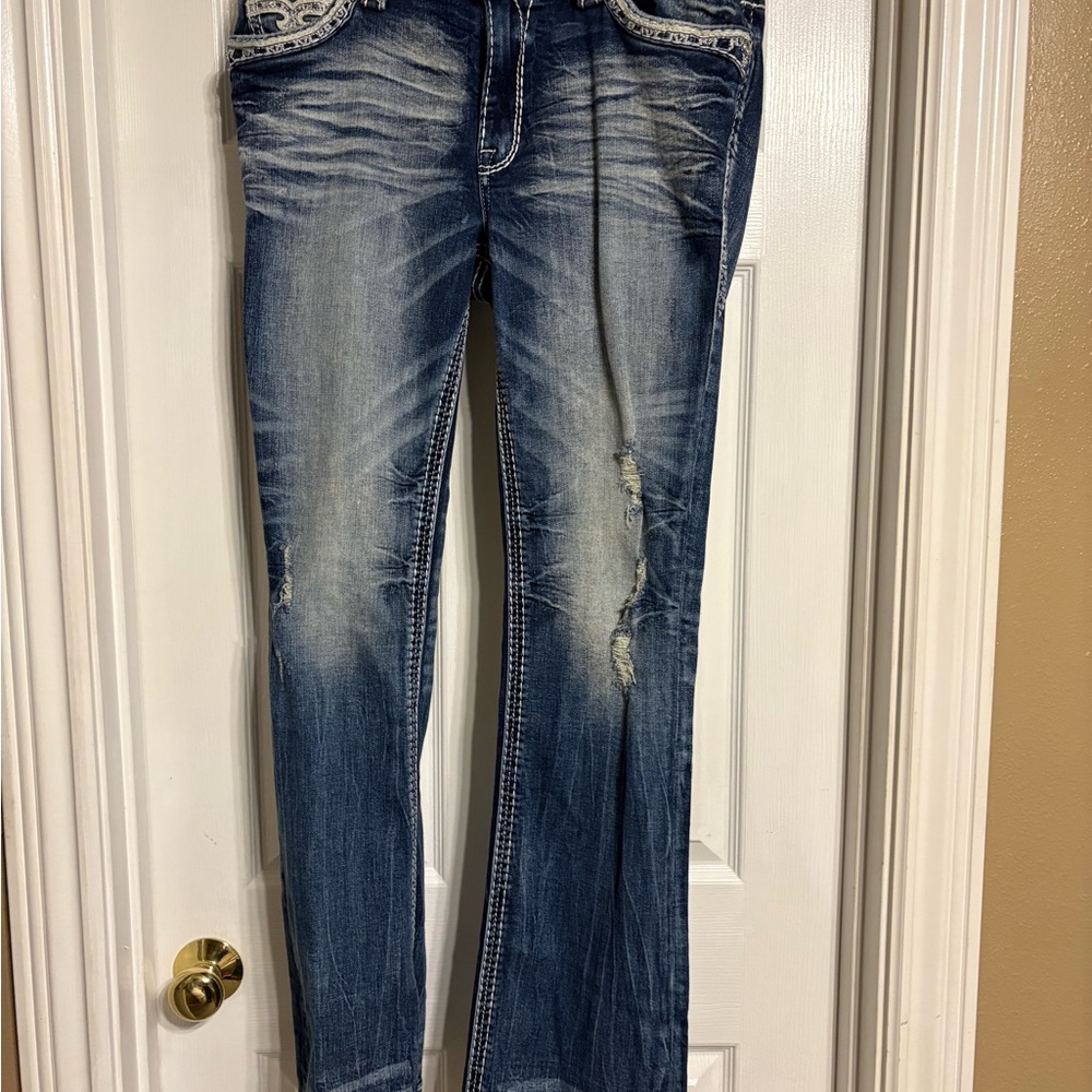 Rock Revival Boot Cut Distressed Dark Blue Jeans